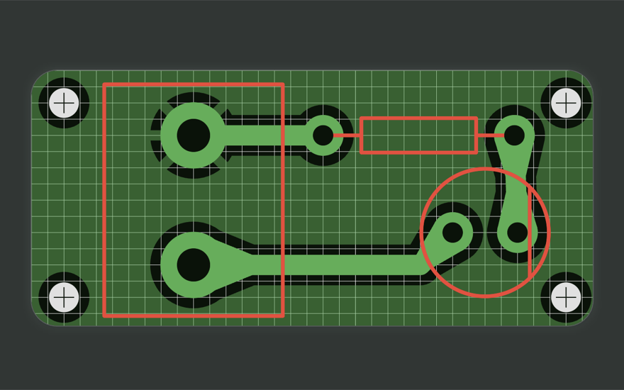 A 22 by 10 mm board with the bottom-copper ground pour filled around the traces and pads, showing the 0.4 mm clearance gaps