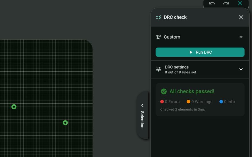 The Design Rule Check panel reporting no violations