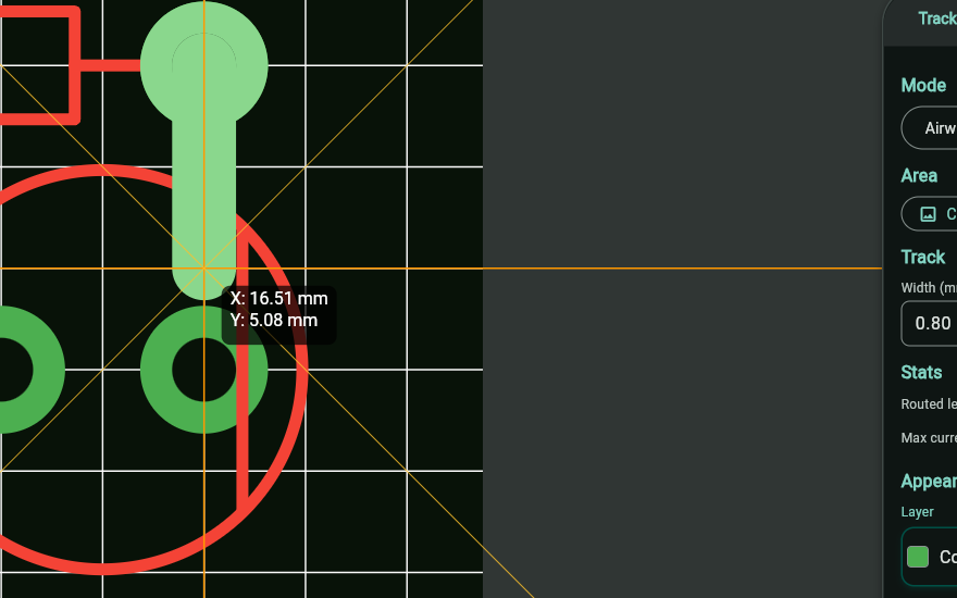 The editor with copper routed pad to pad and the track width panel open