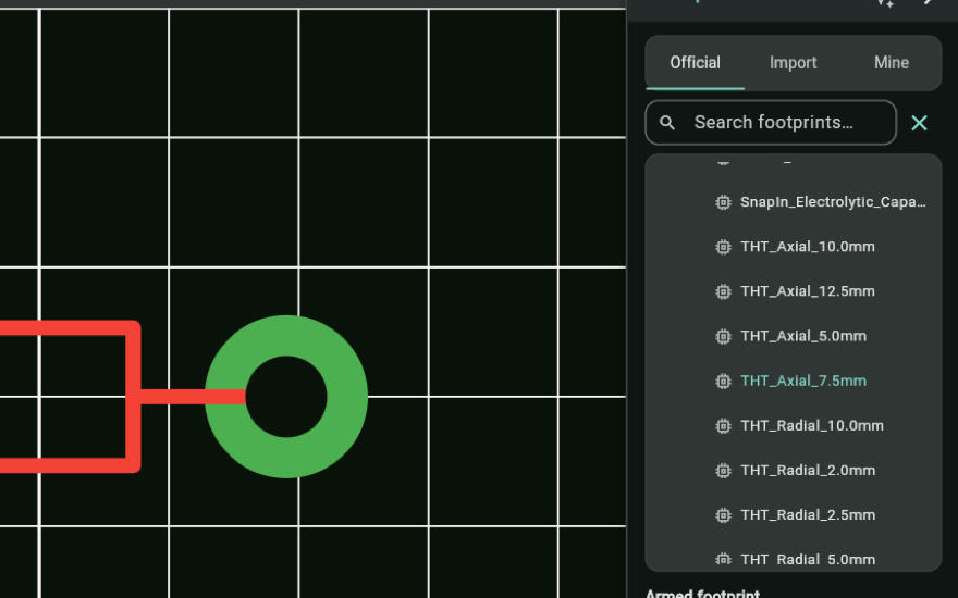 The footprint browser searching the built-in library, with an armed footprint ready to place