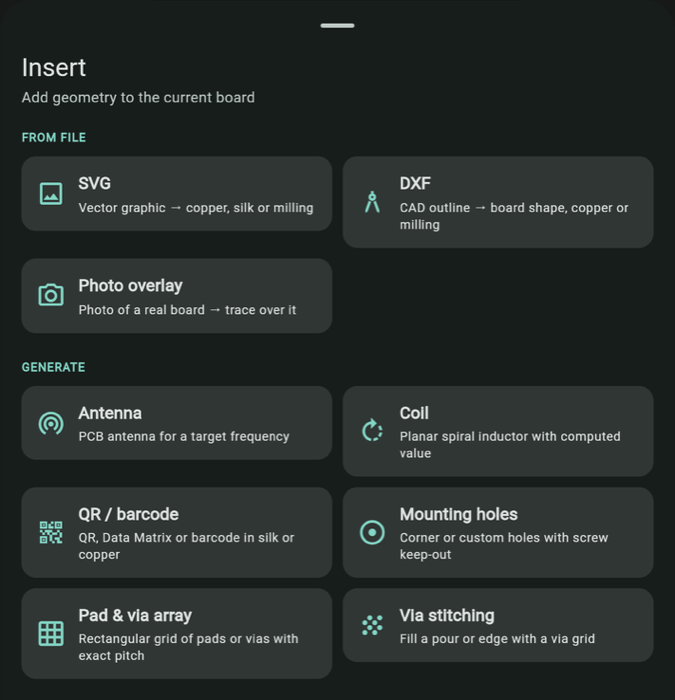 The Insert sheet listing SVG, DXF and photo overlay imports alongside antenna, coil, QR code, mounting hole, pad array and via stitching generators