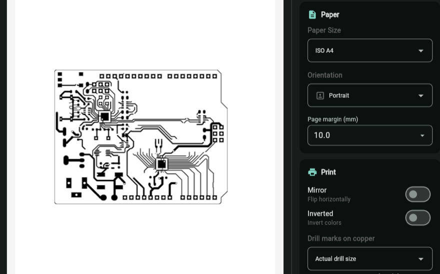 The PDF export dialog previewing a routed board on an A4 page, beside the paper, mirroring and drill-mark settings
